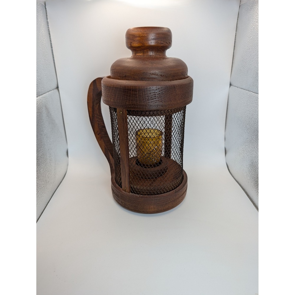 Vintage Rustic Wood Mesh Lantern Amber Glass Votive Candle Holder with Handle